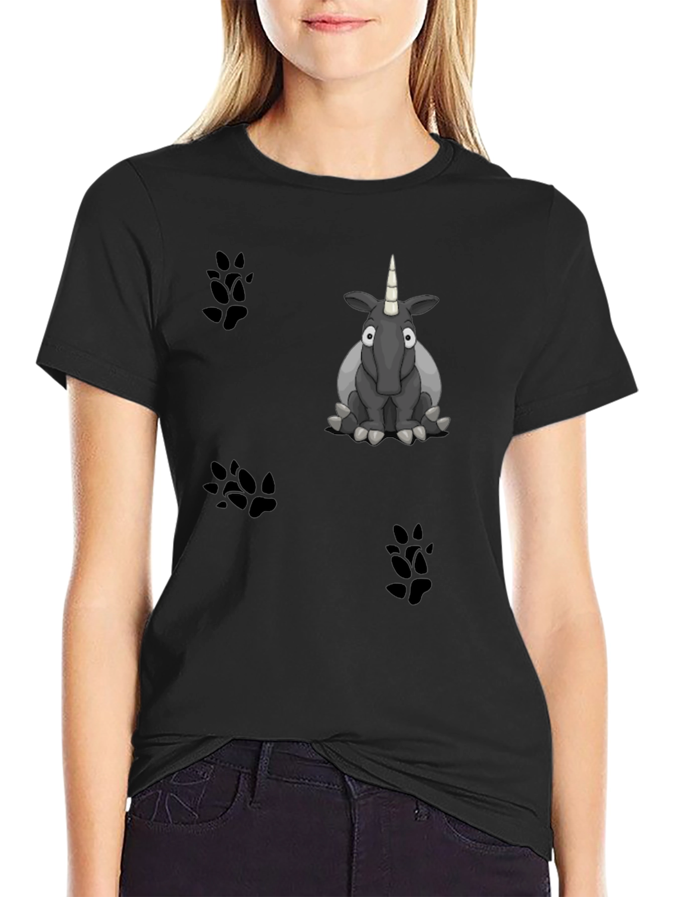 Cartoon Unicorn Graphic Print Black T-Shirt