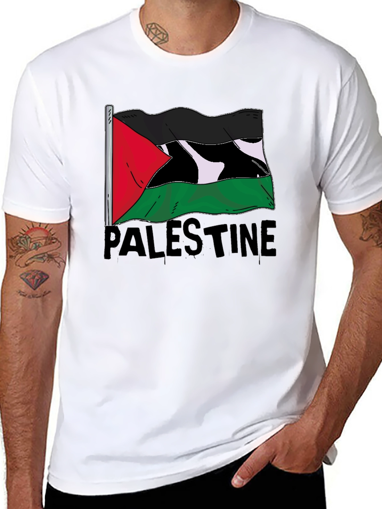 Palestine Flag Graphic Tee - Black Cotton T-Shirt