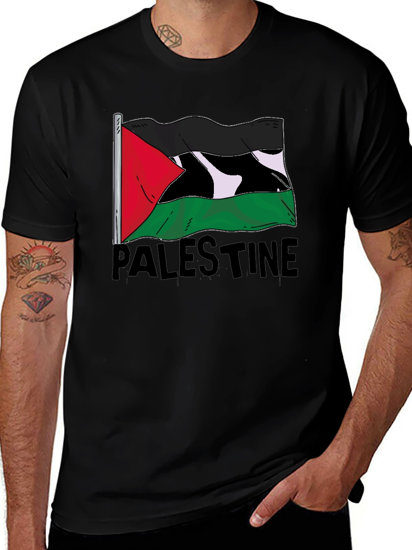 Palestine Flag Graphic Tee - Black Cotton T-Shirt