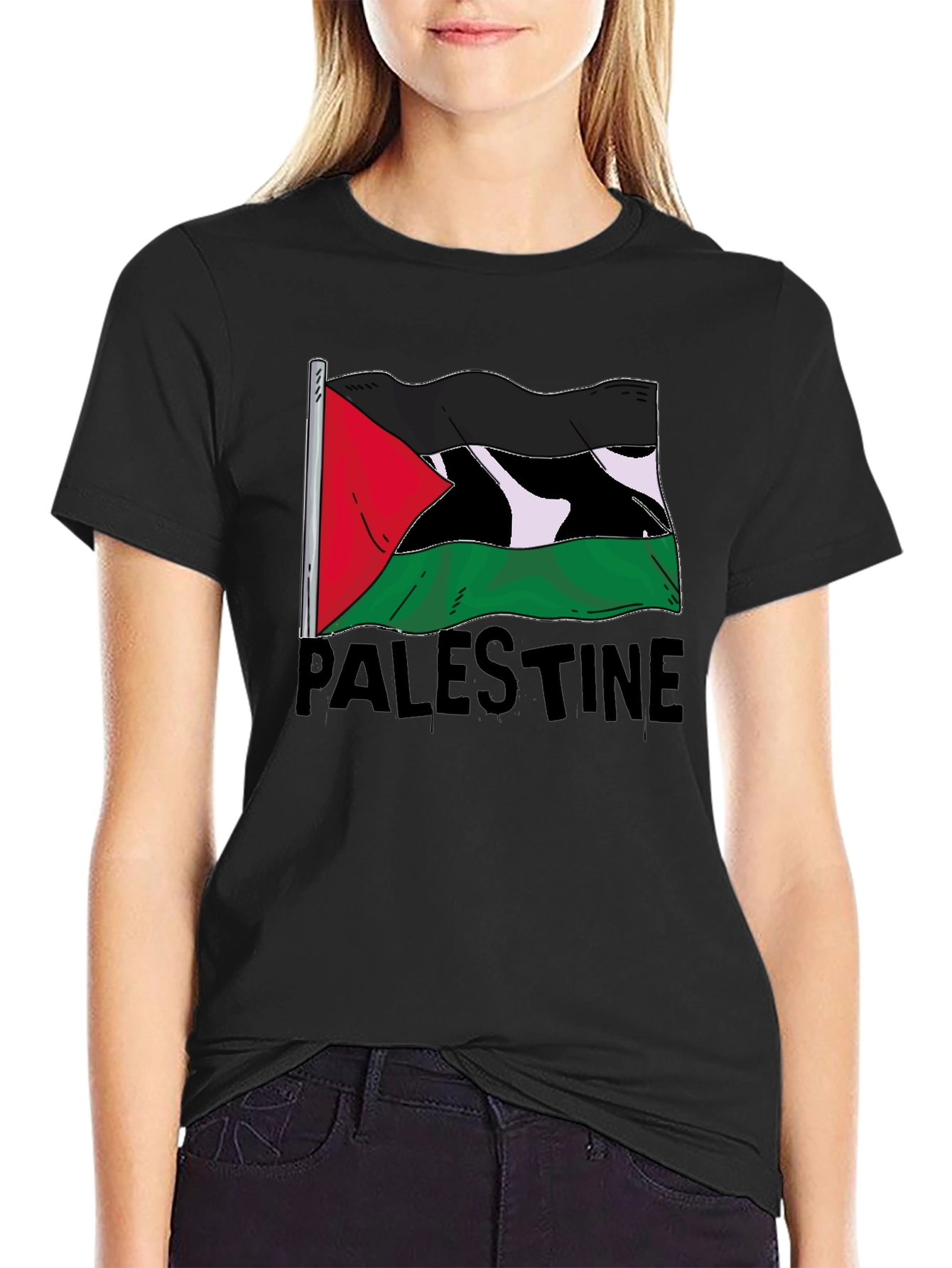 Palestine Flag Graphic Tee - Black Cotton T-Shirt