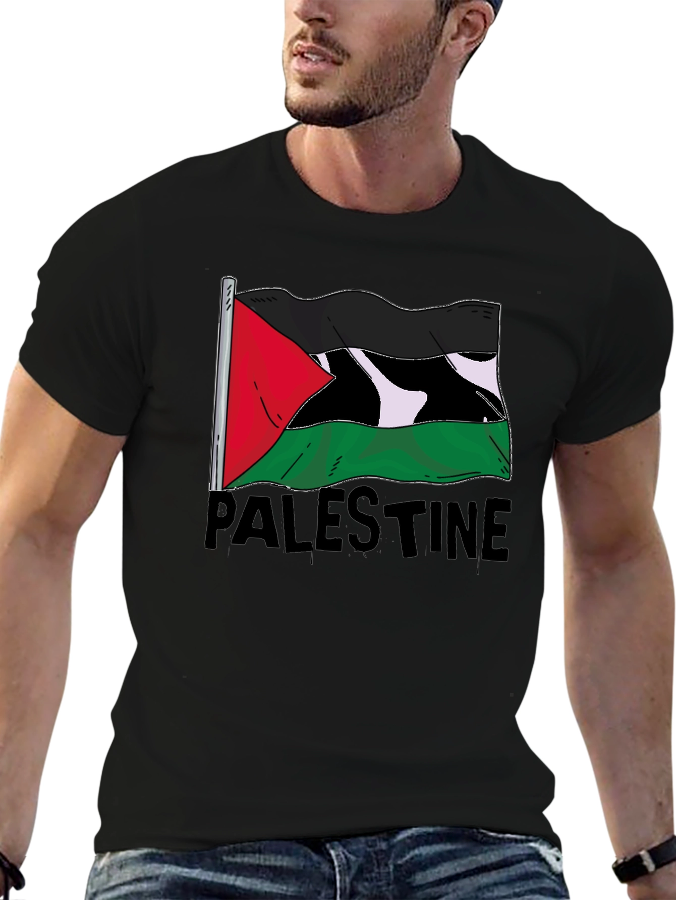 Palestine Flag Graphic Tee - Black Cotton T-Shirt