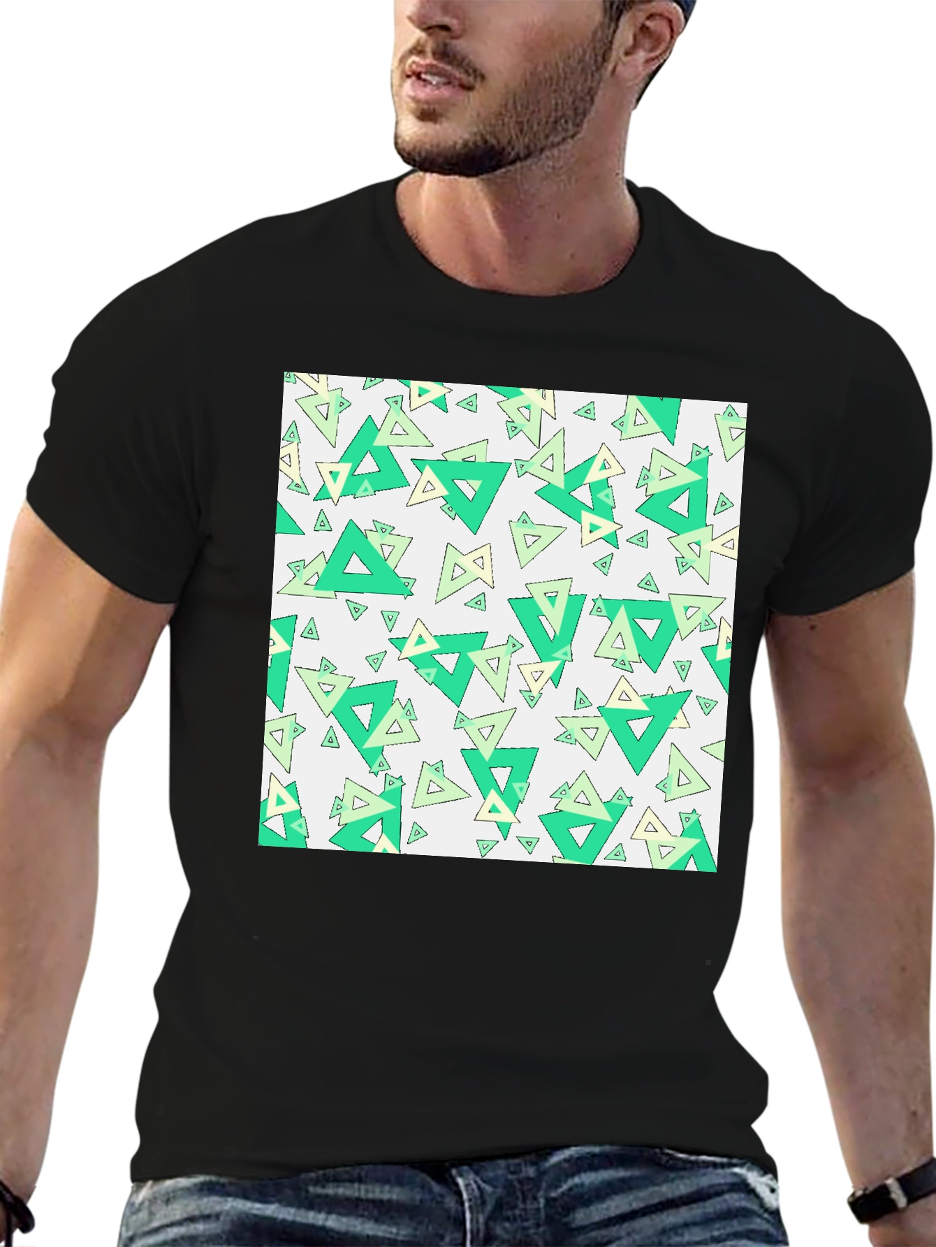 Geometric Triangle Pattern Black T-Shirt