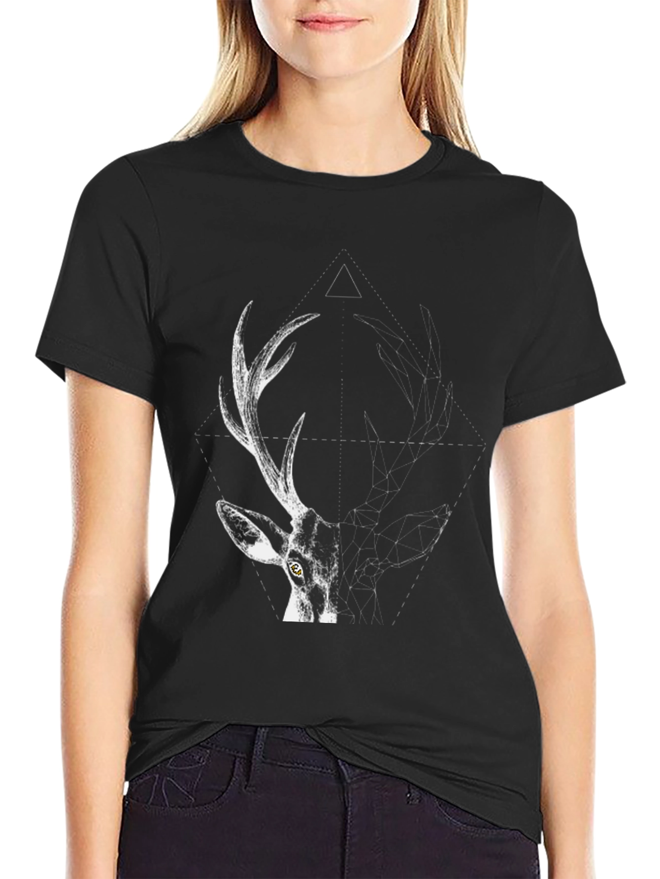 Geometric Deer Graphic T-Shirt - Black