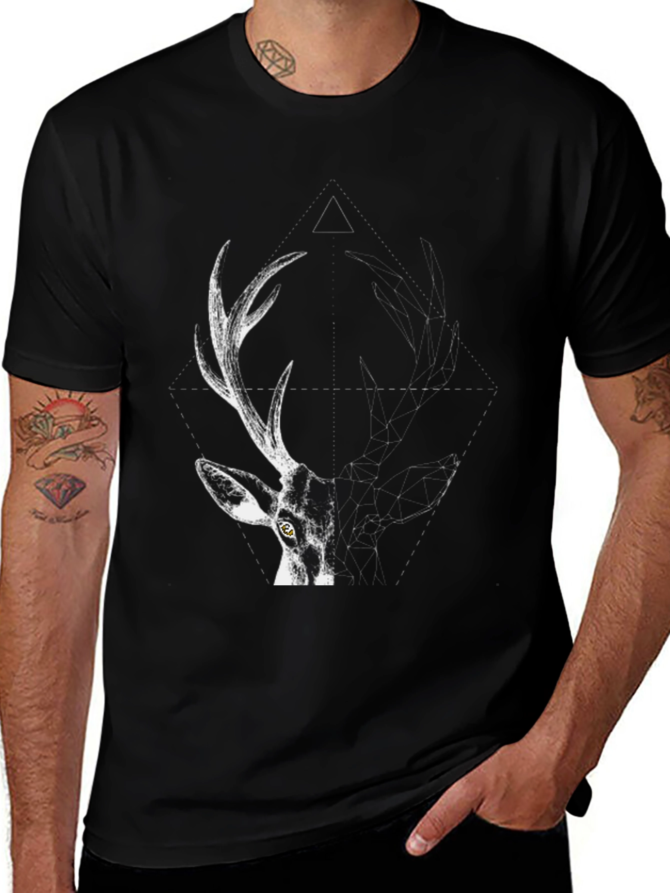 Geometric Deer Graphic T-Shirt - Black