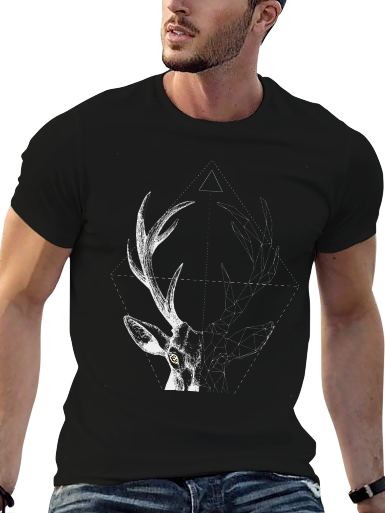 Geometric Deer Graphic T-Shirt - Black