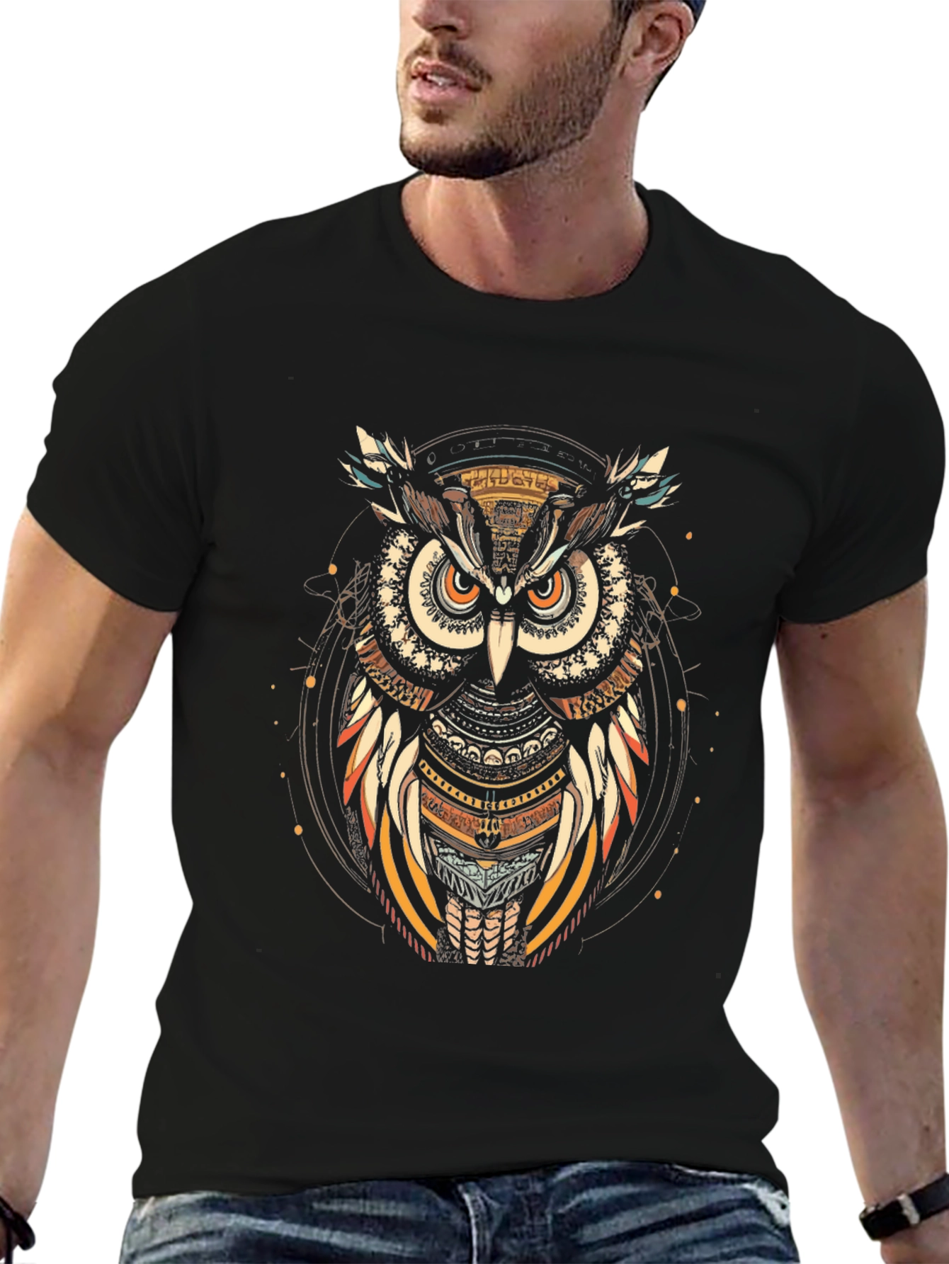 Tribal Owl Graphic Tee - Black Cotton T-Shirt