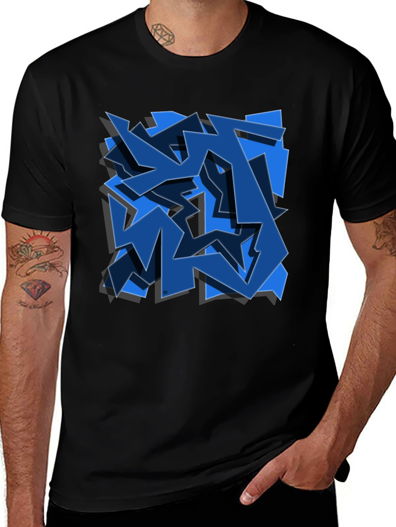 Abstract Blue Graffiti Art Black T-Shirt