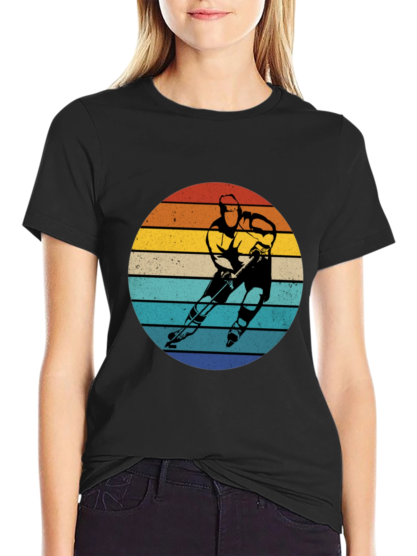 Retro Hockey Player Sunset Graphic T-Shirt
