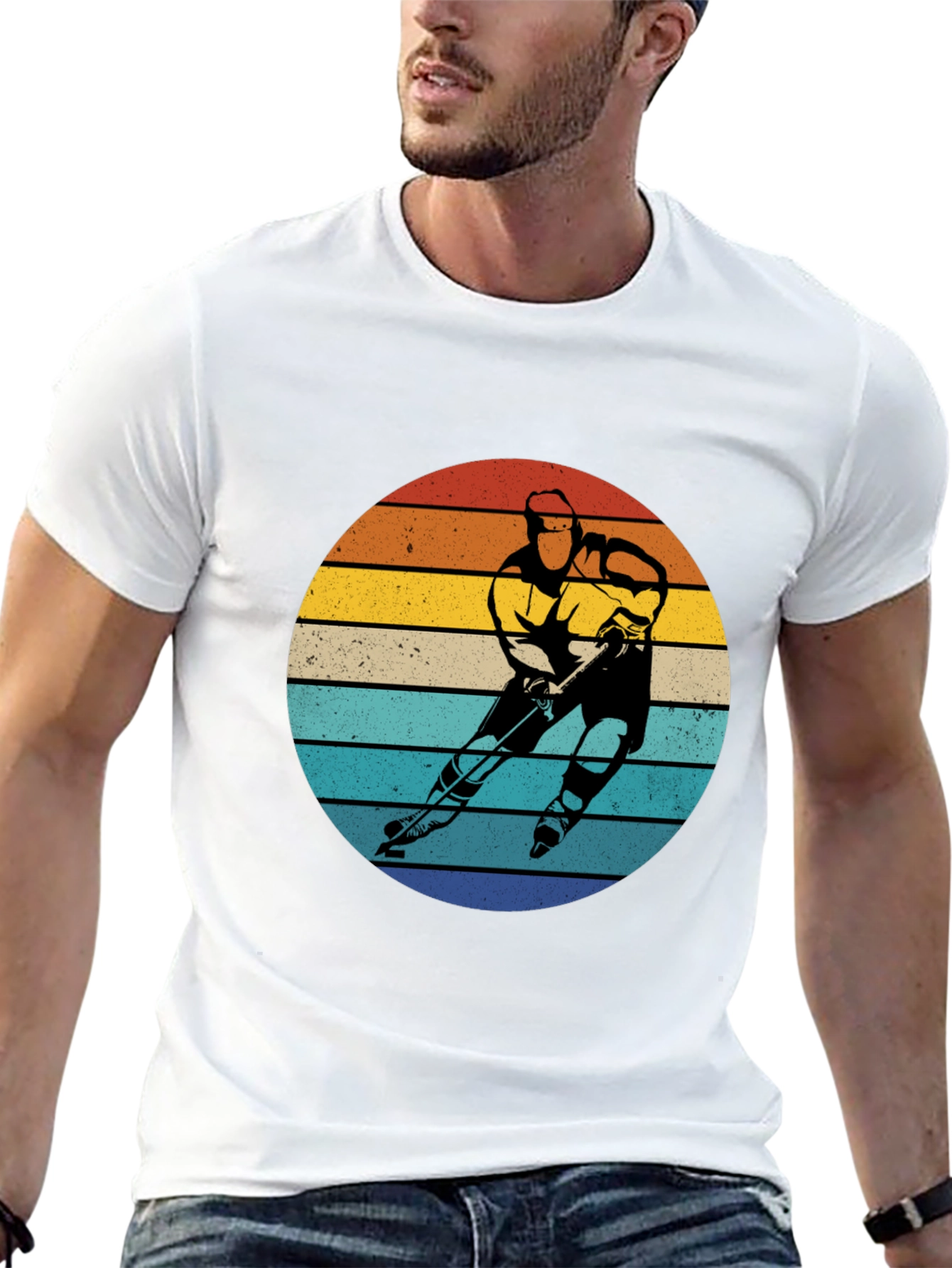 Retro Hockey Player Sunset Graphic T-Shirt