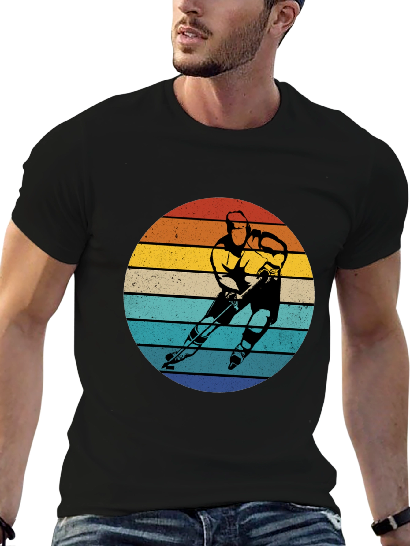 Retro Hockey Player Sunset Graphic T-Shirt