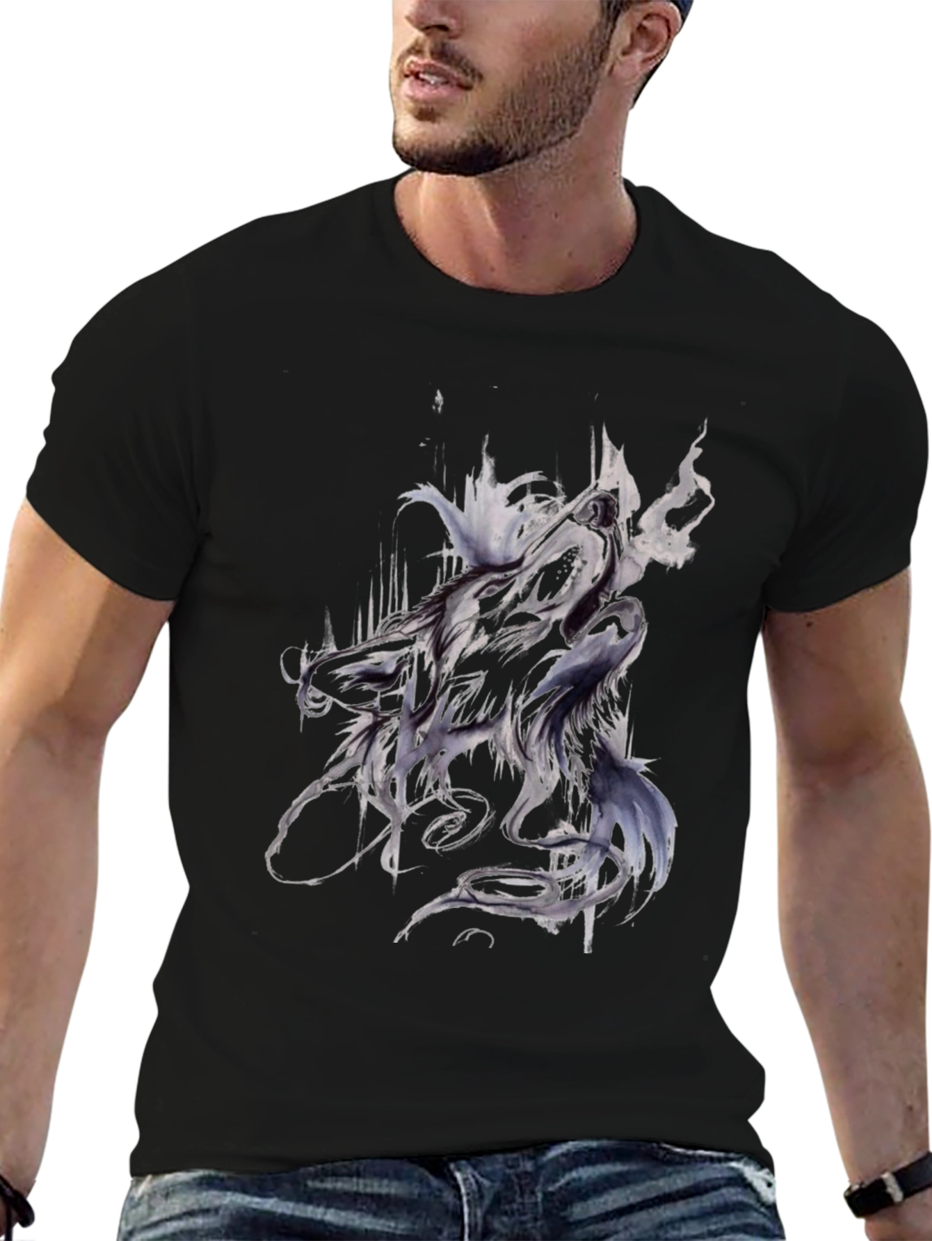 Abstract Wolf Graphic Black T-Shirt