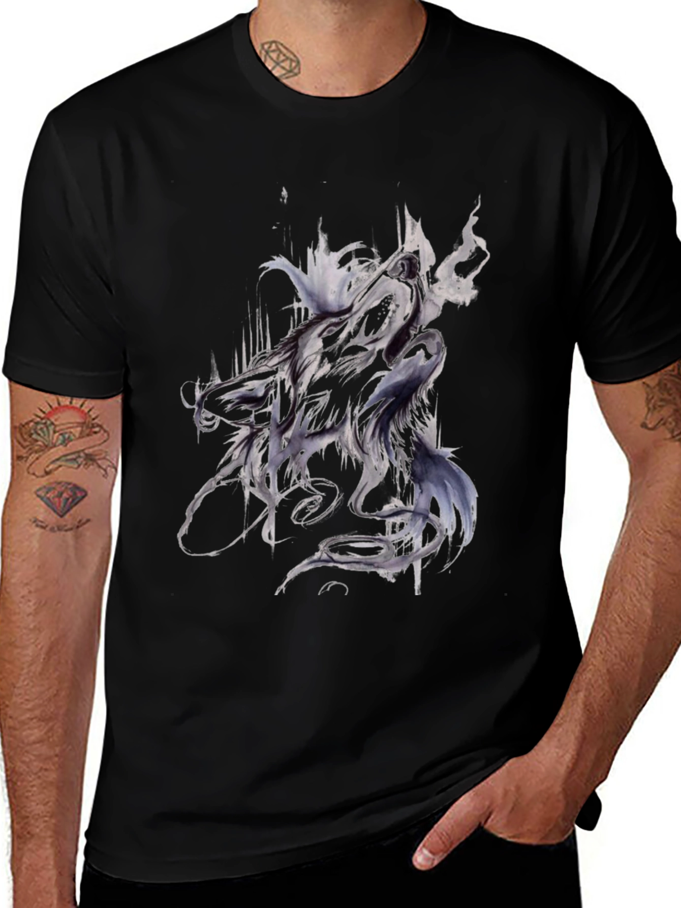 Abstract Wolf Graphic Black T-Shirt