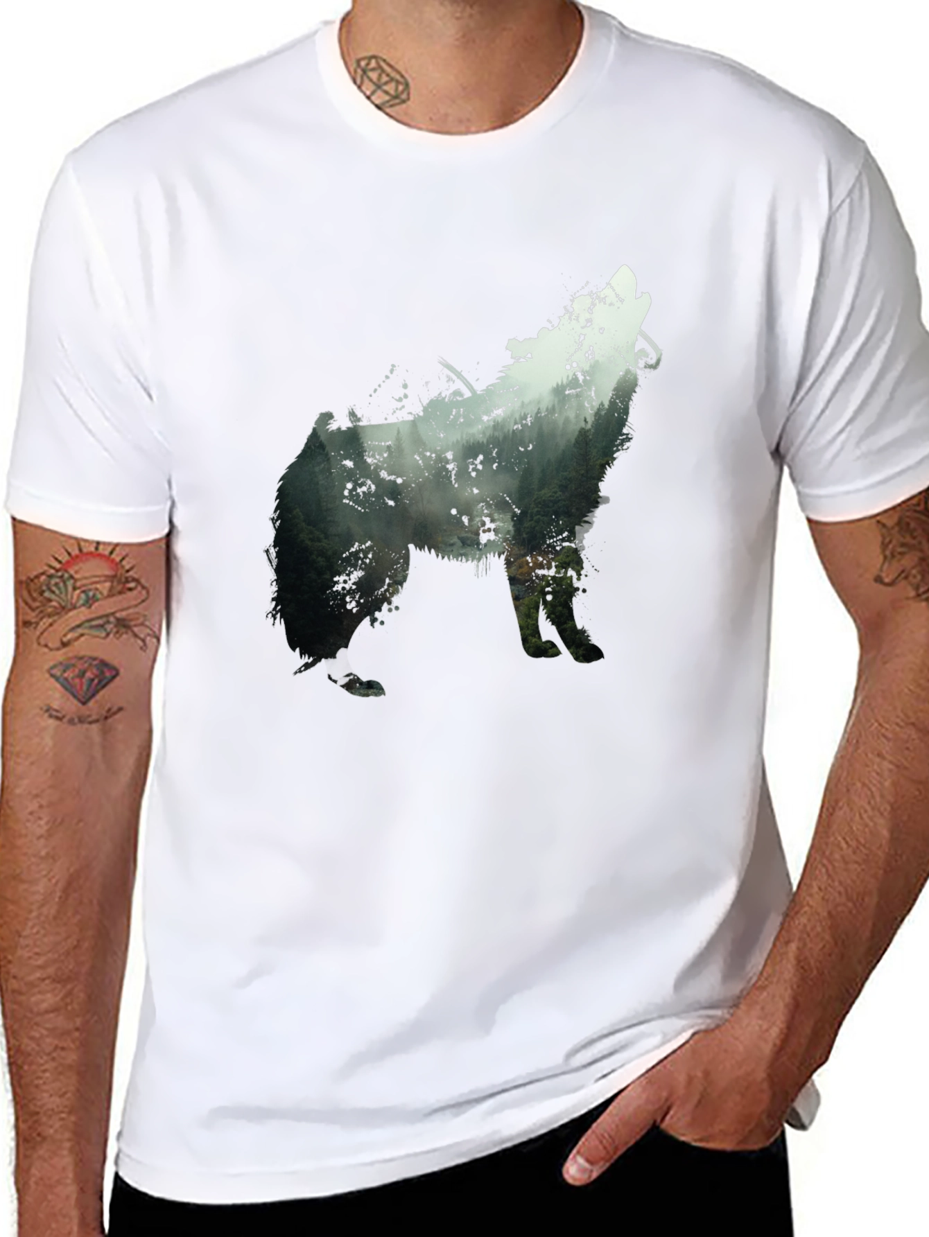 Wolf Silhouette Forest Graphic Tee - Black