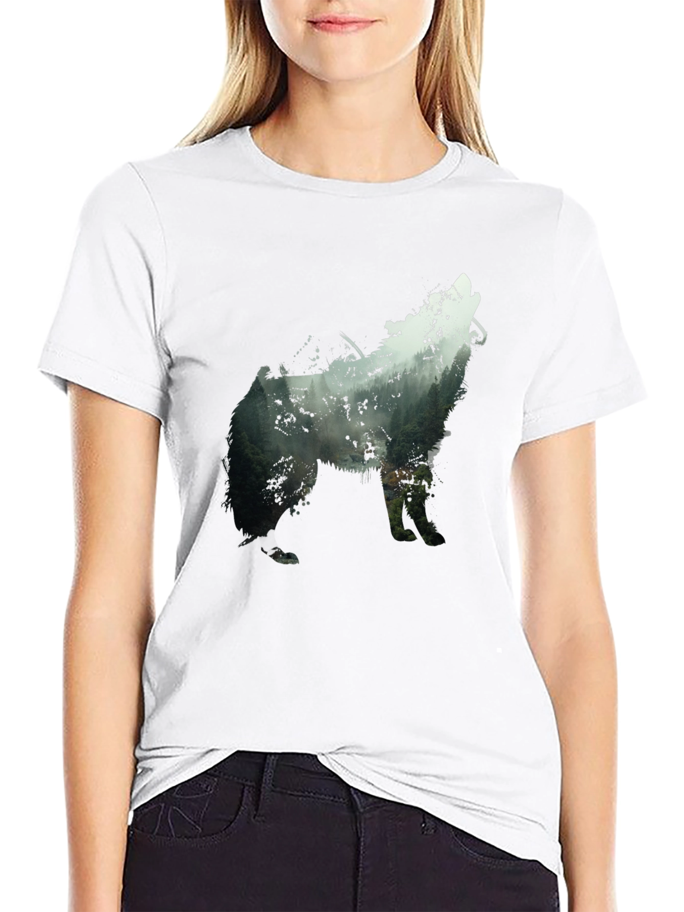 Wolf Silhouette Forest Graphic Tee - Black