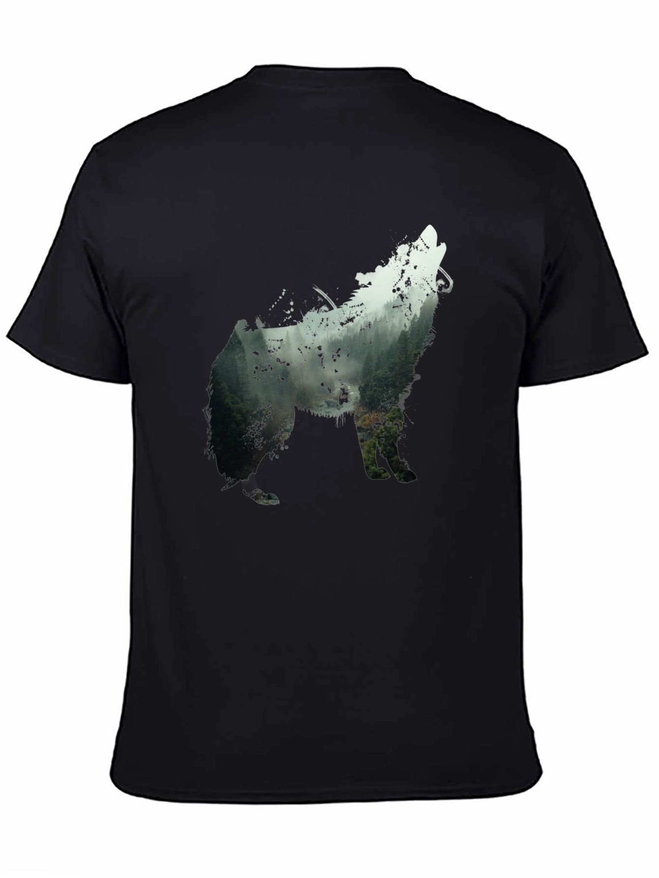 Wolf Silhouette Forest Graphic Tee - Black
