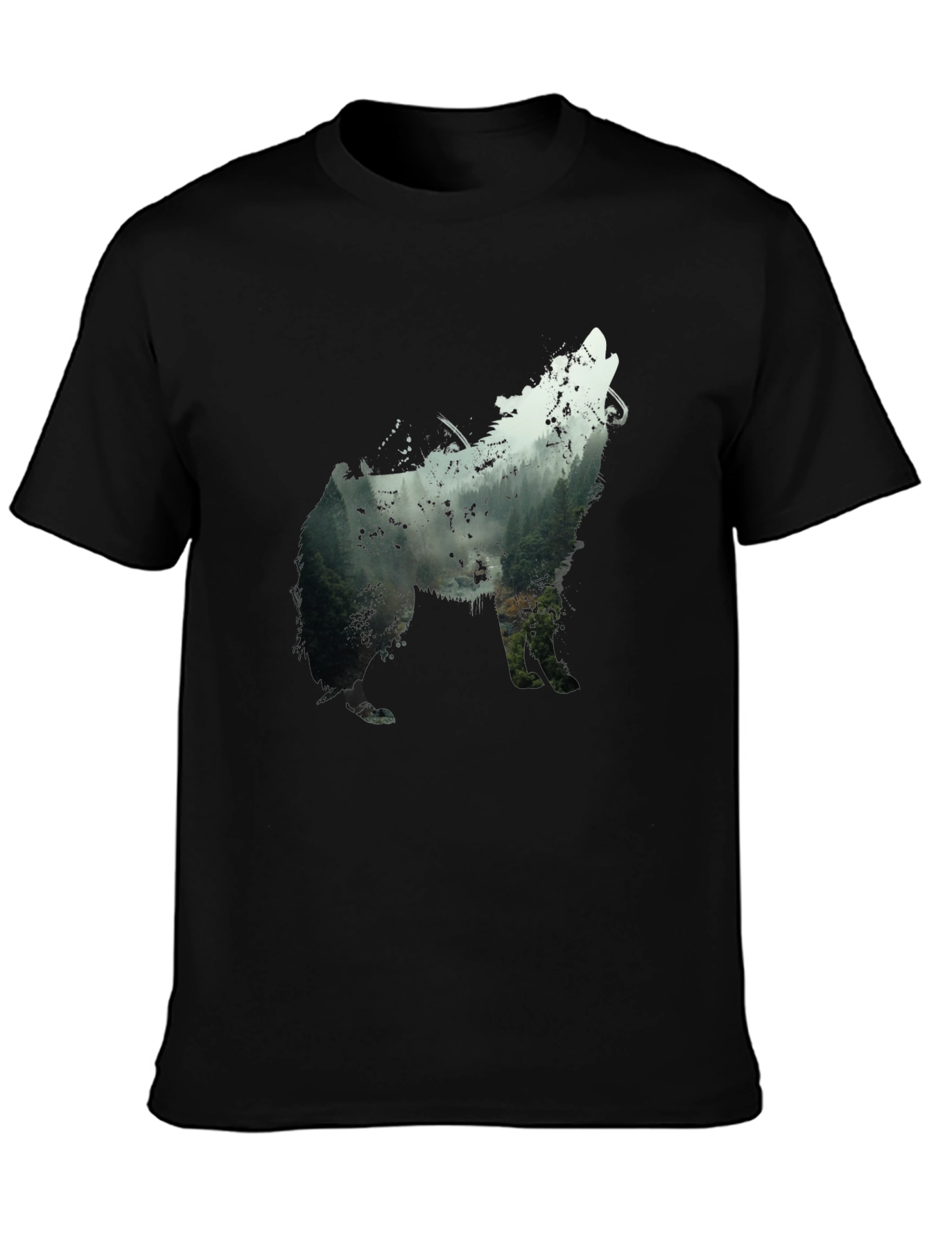 Wolf Silhouette Forest Graphic Tee - Black