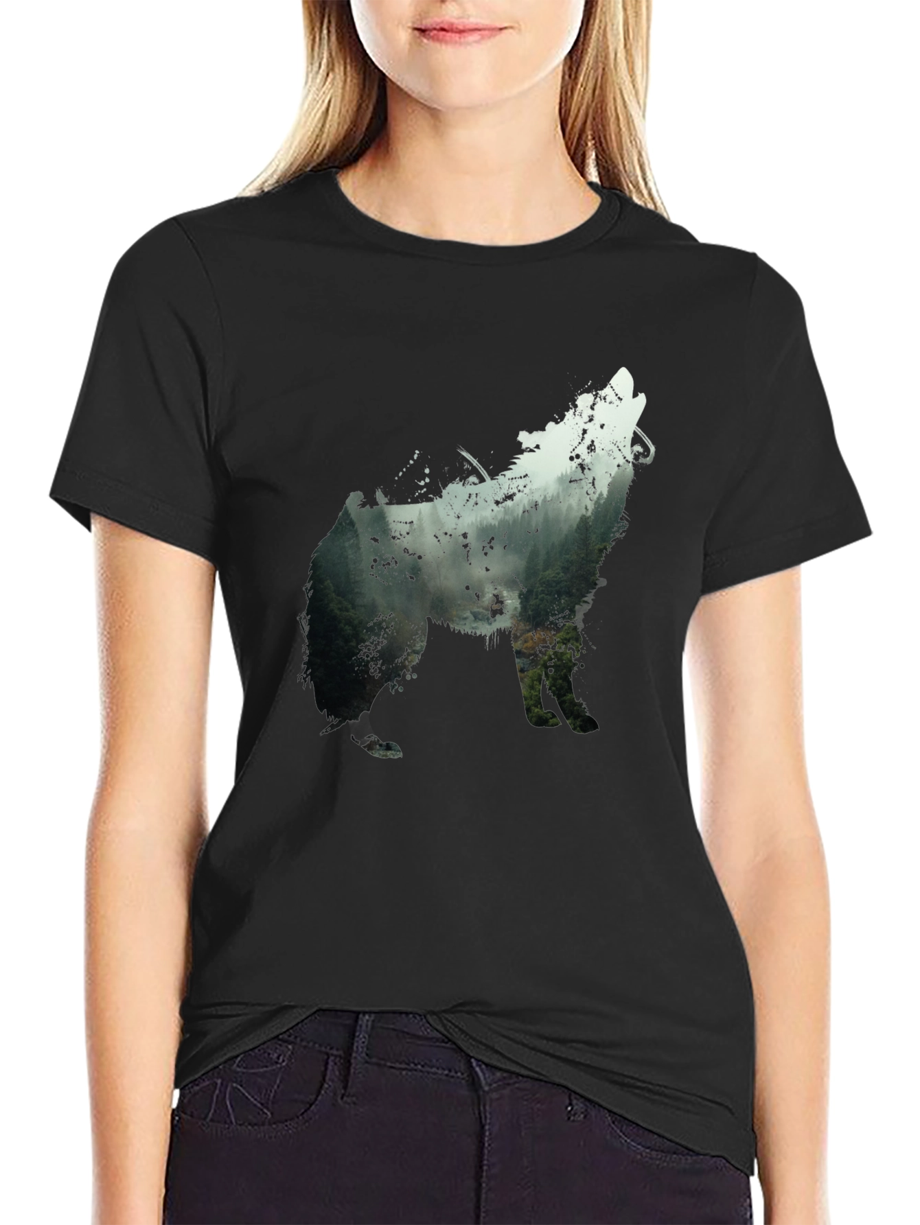 Wolf Silhouette Forest Graphic Tee - Black