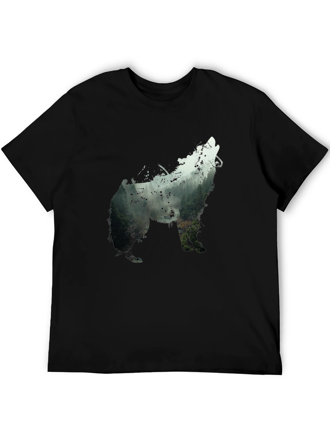 Wolf Silhouette Forest Graphic Tee - Black