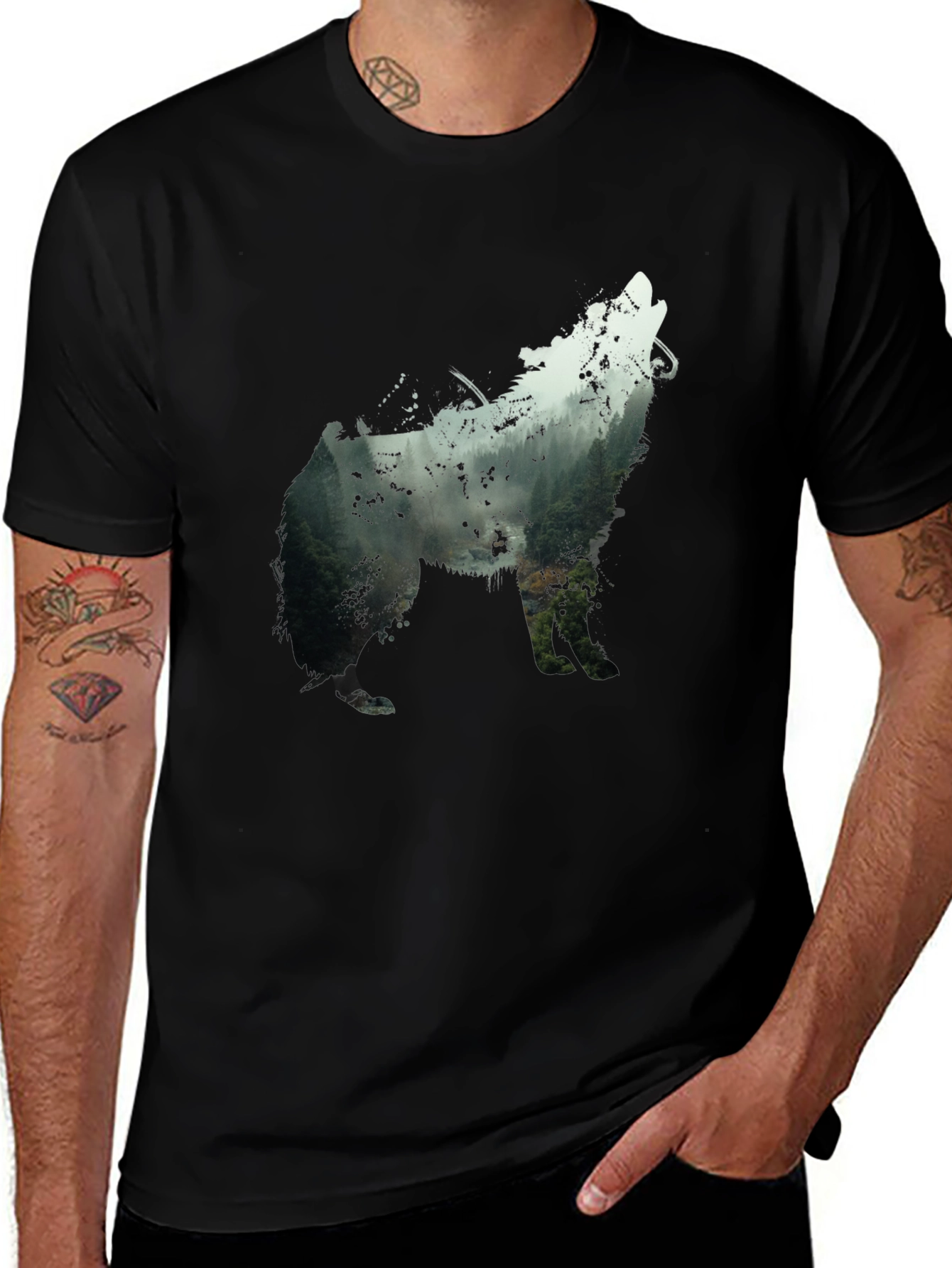 Wolf Silhouette Forest Graphic Tee - Black