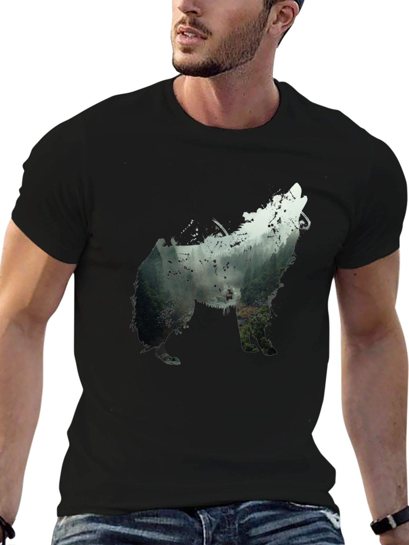 Wolf Silhouette Forest Graphic Tee - Black