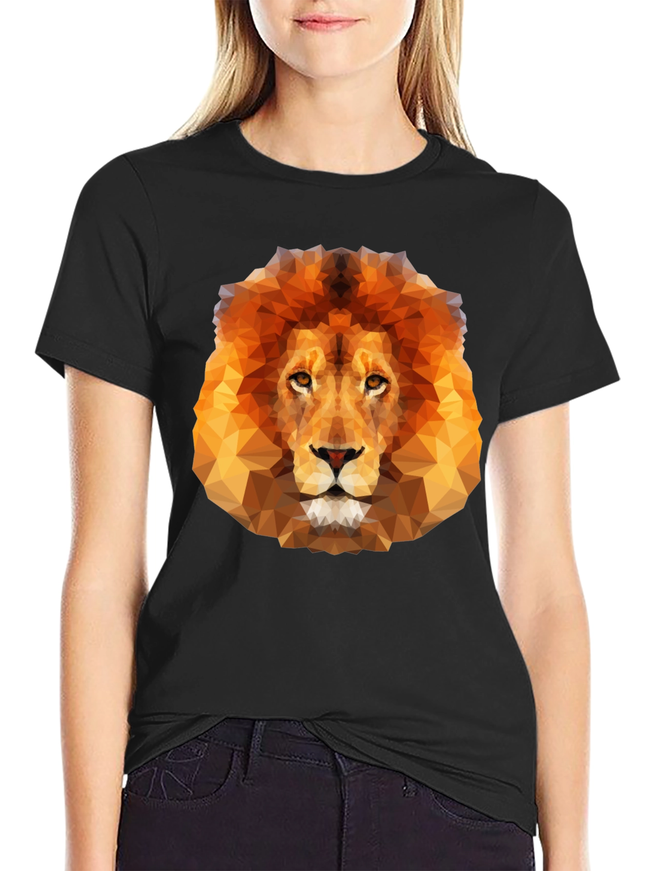 Geometric Lion Graphic Tee - Black Crew Neck