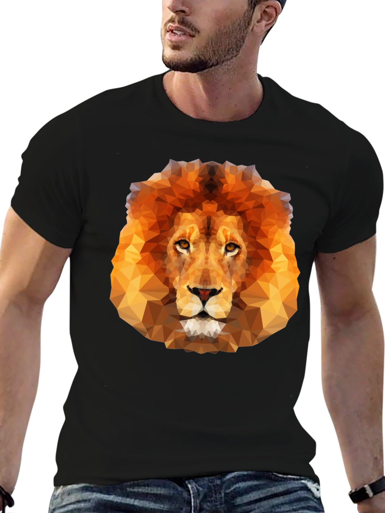 Geometric Lion Graphic Tee - Black Crew Neck