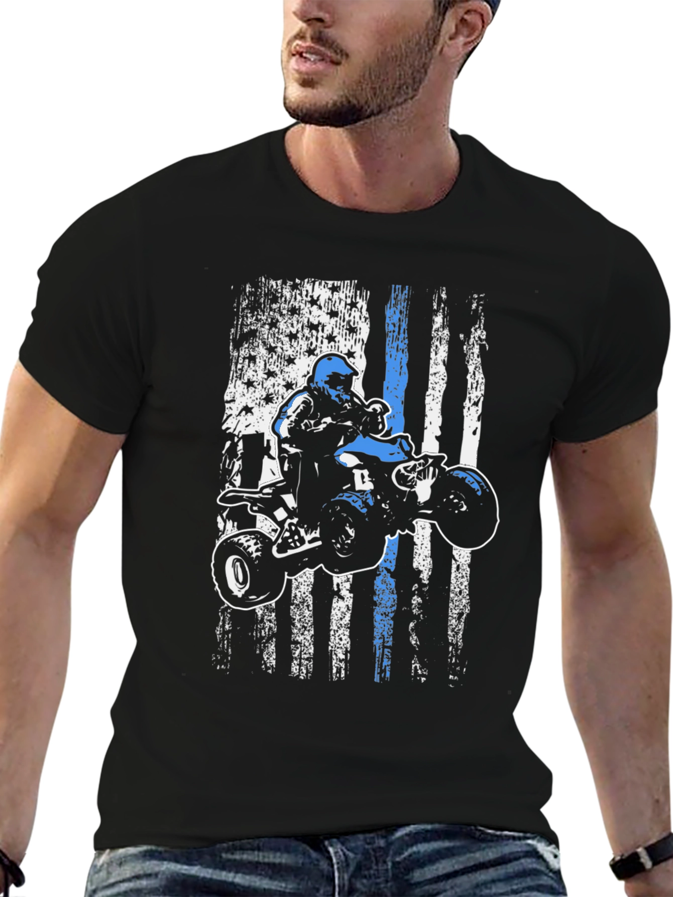 ATV Rider Thin Blue Line American Flag T-Shirt