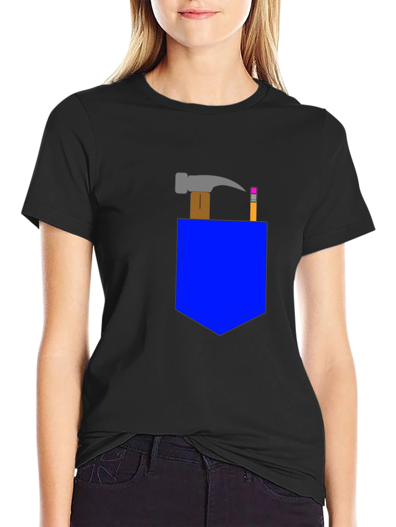 Cartoon Hammer & Pencil Pocket Graphic Tee