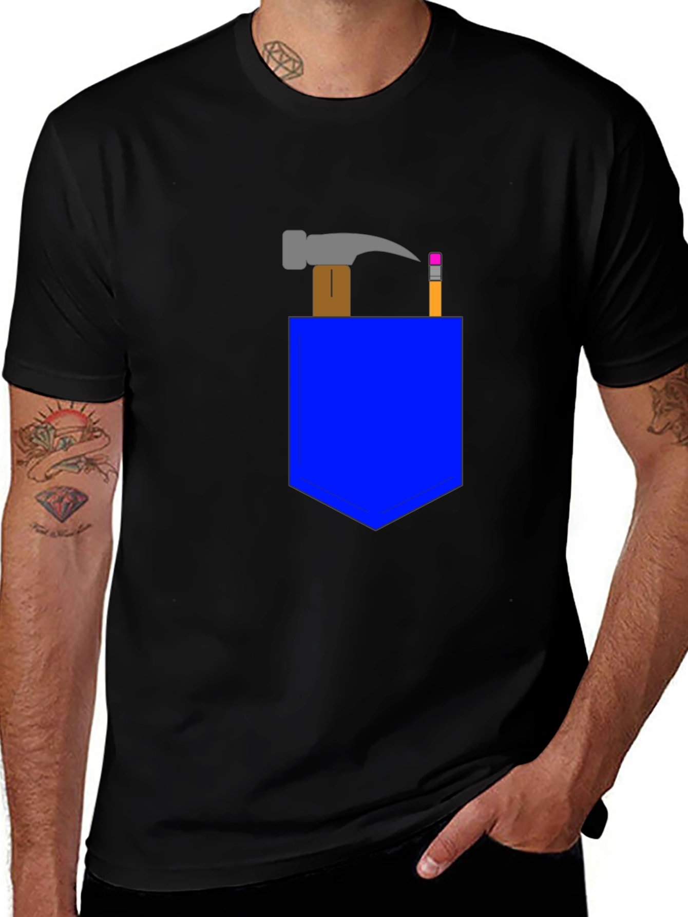 Cartoon Hammer & Pencil Pocket Graphic Tee