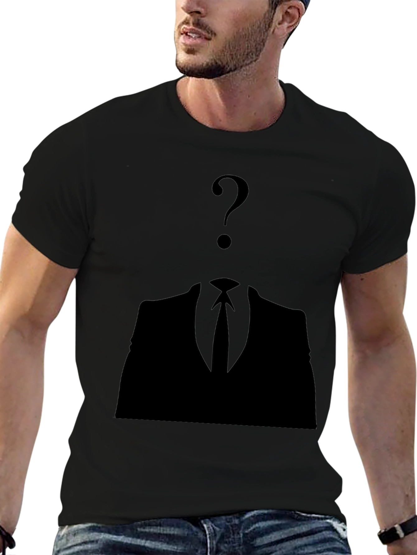 Mysterious Man Black T-Shirt - Question Mark Design