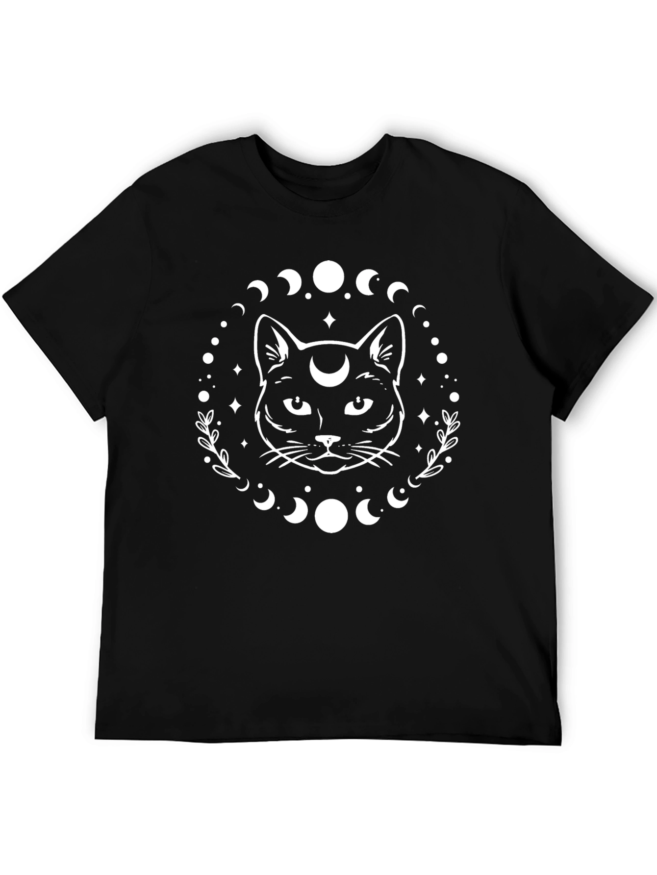 Moon Phase Cat Graphic Tee - Black Cotton Blend
