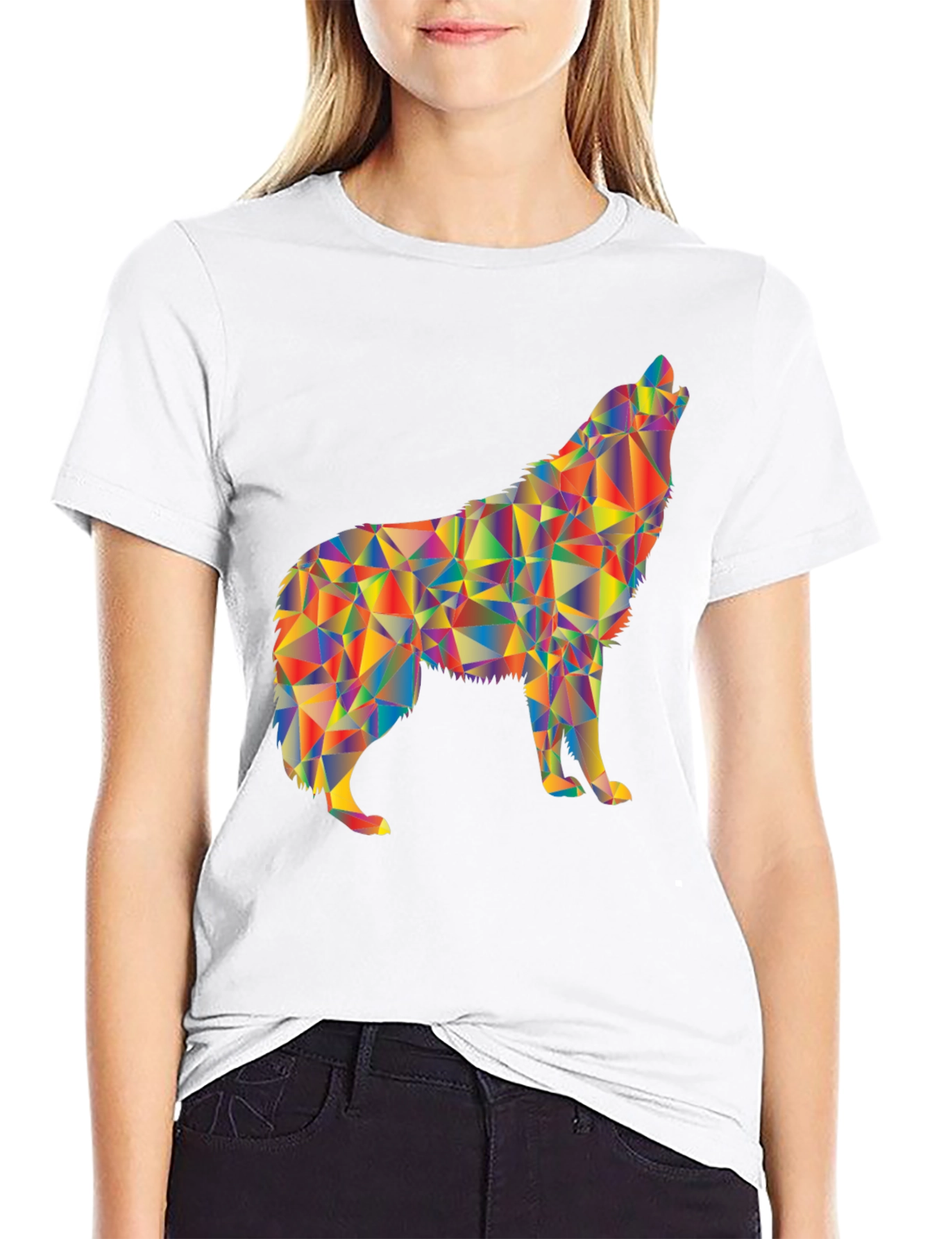Geometric Wolf Graphic Print Black T-Shirt