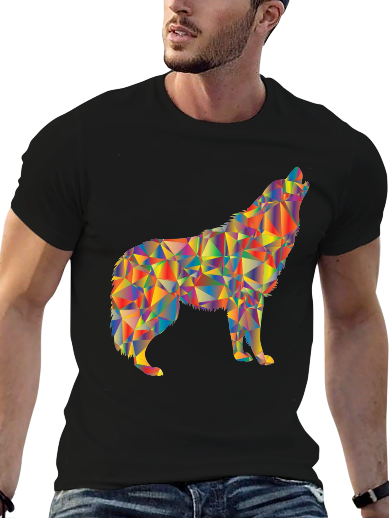 Geometric Wolf Graphic Print Black T-Shirt