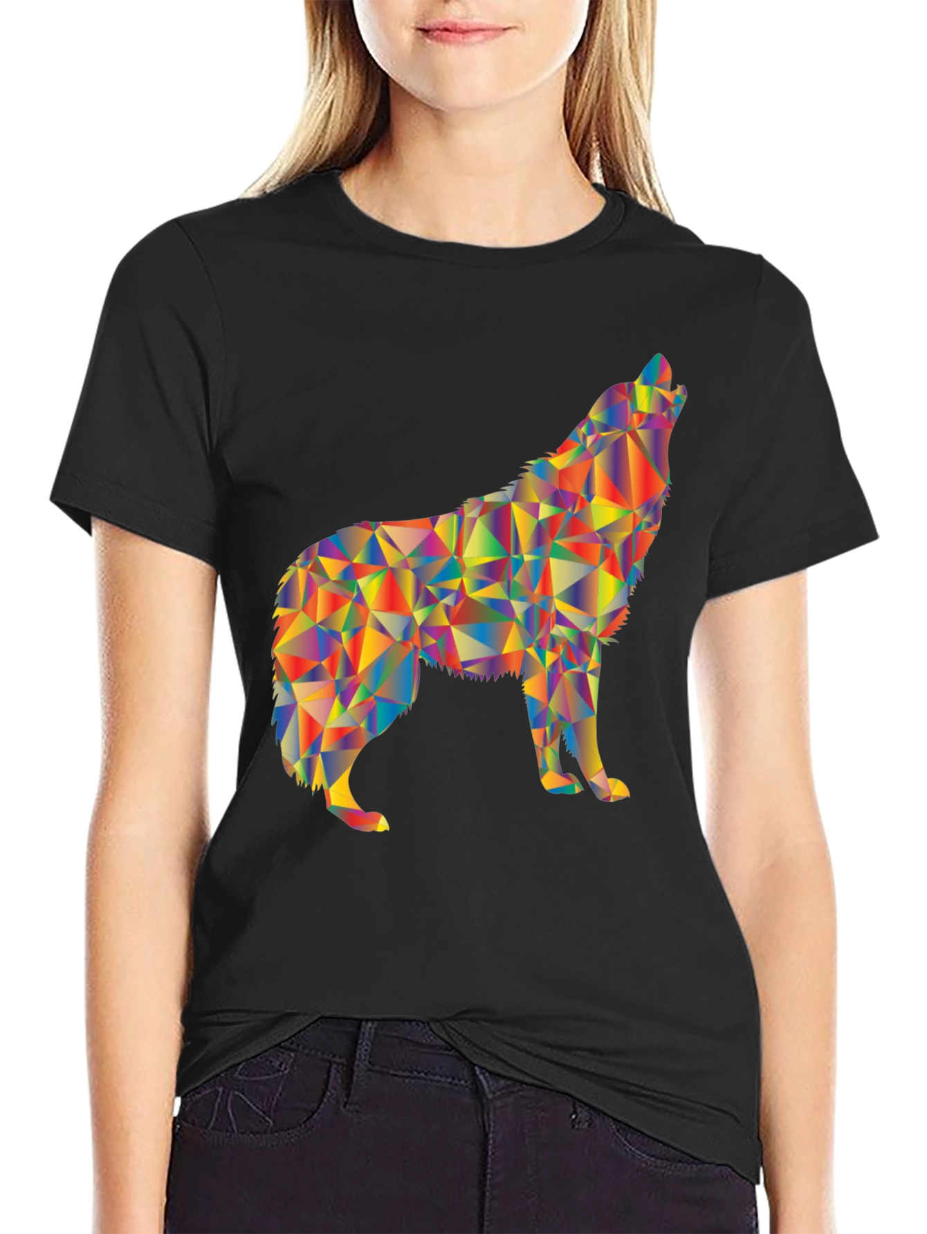 Geometric Wolf Graphic Print Black T-Shirt