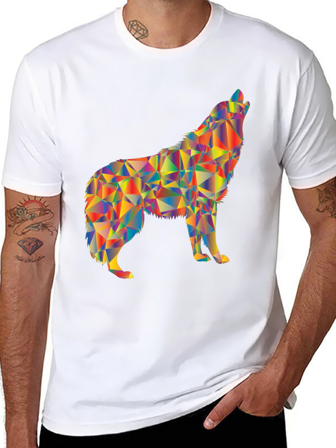 Geometric Wolf Graphic Print Black T-Shirt