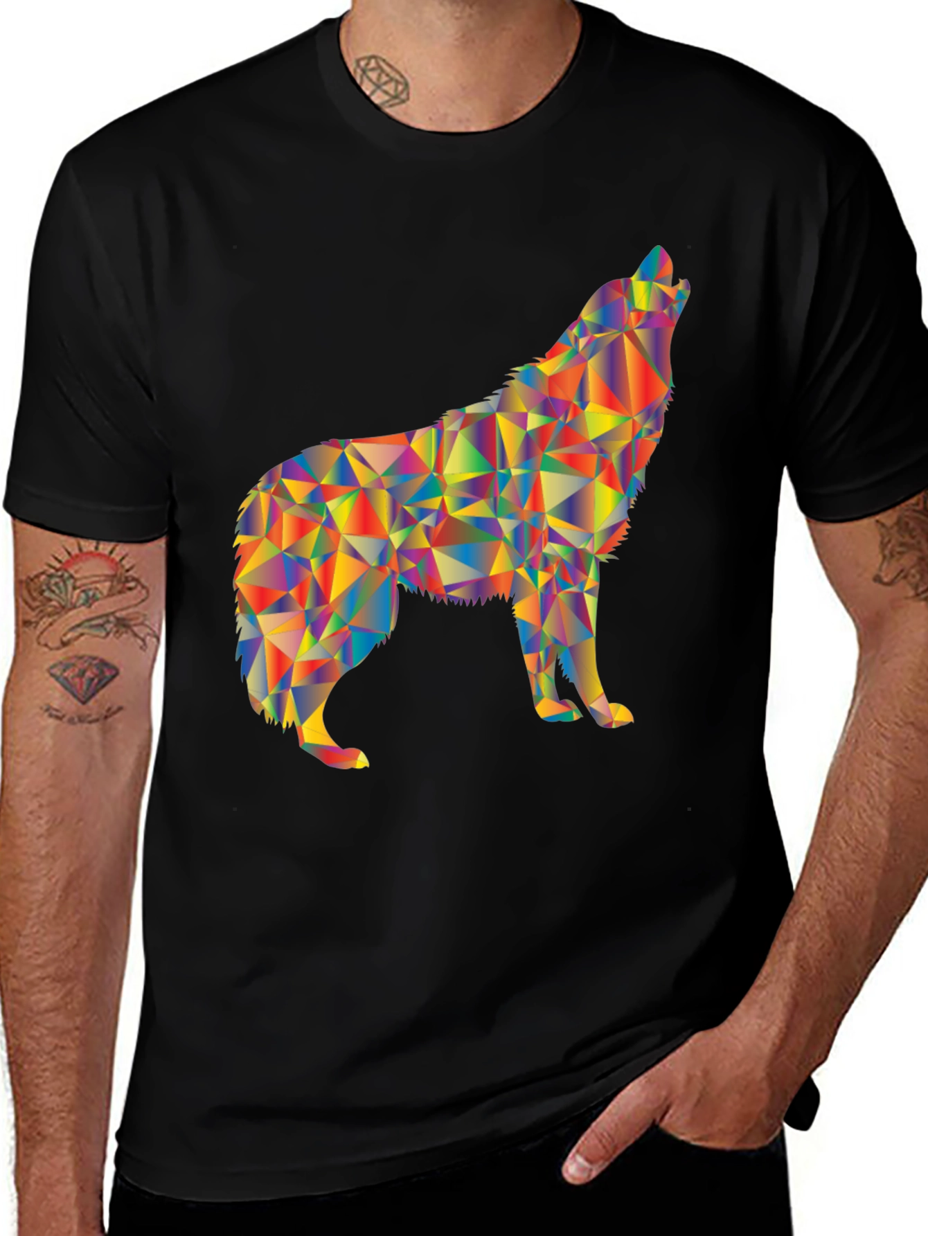 Geometric Wolf Graphic Print Black T-Shirt