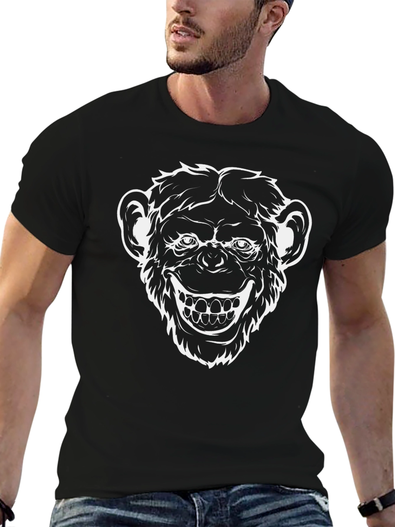 Mens Black Graphic Tee - Creepy Monkey Face