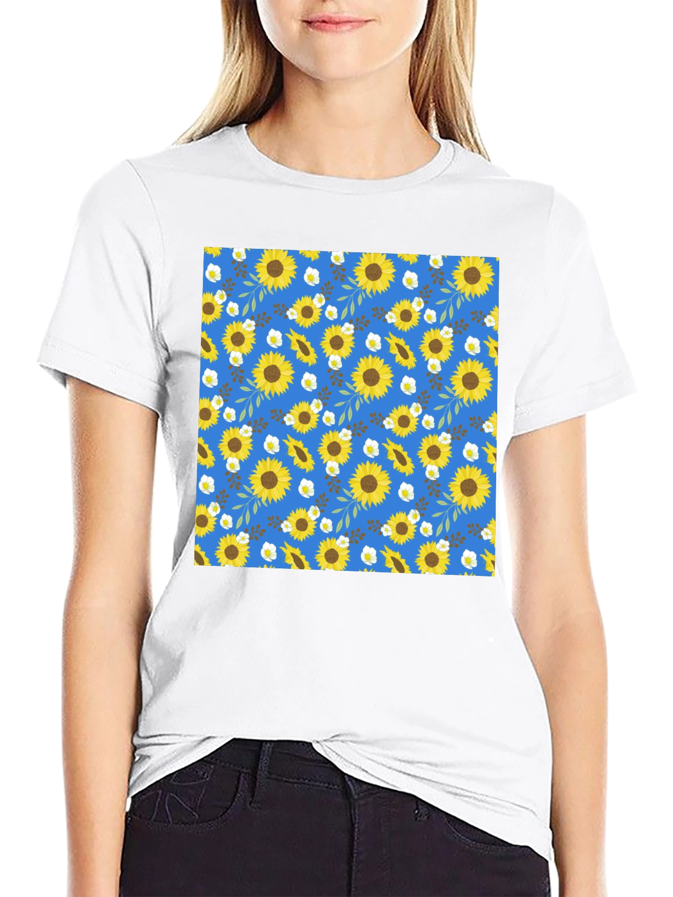 Sunflower Pattern Black T-Shirt