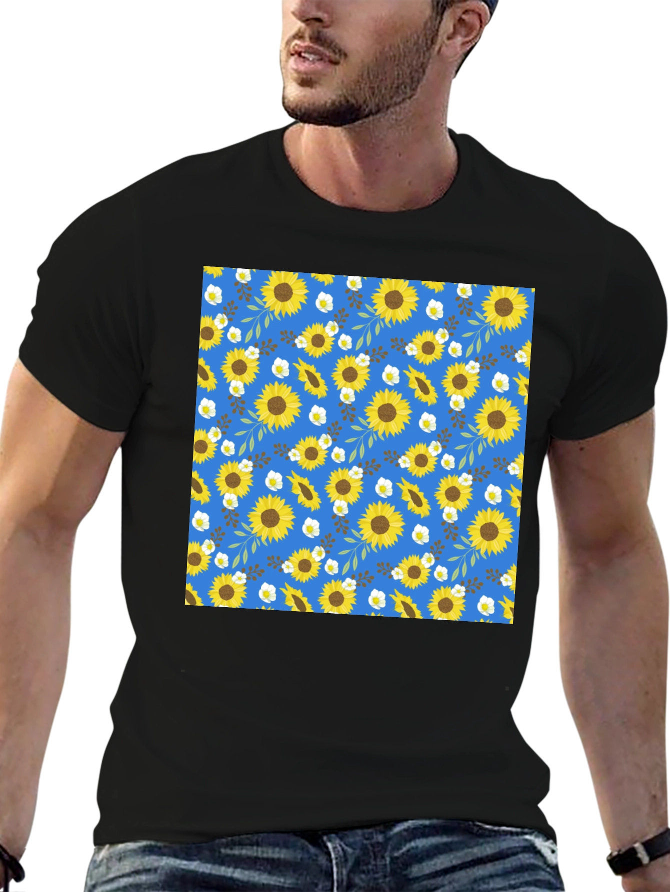 Sunflower Pattern Black T-Shirt