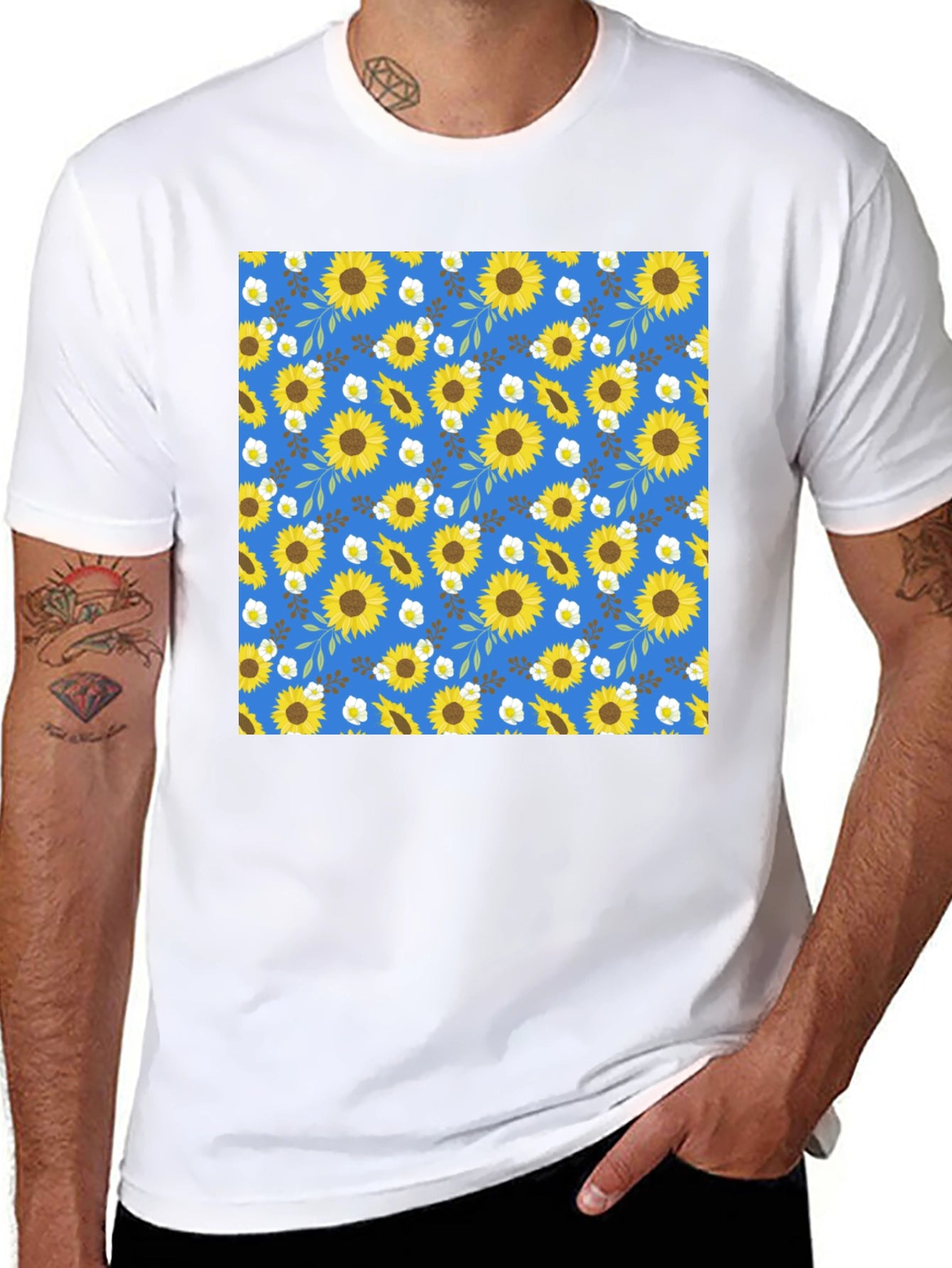 Sunflower Pattern Black T-Shirt