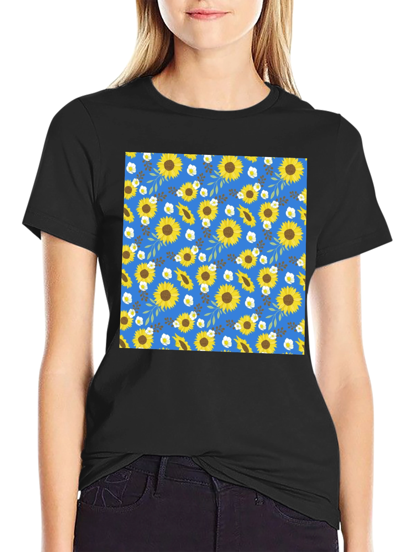 Sunflower Pattern Black T-Shirt