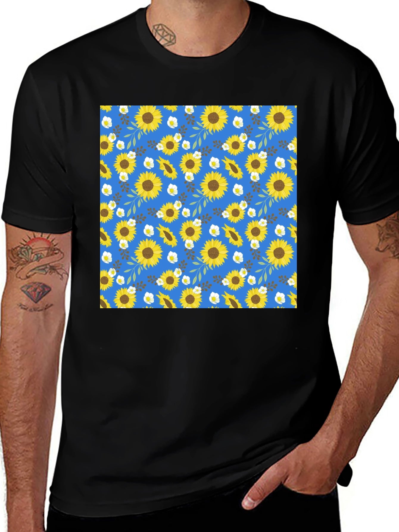 Sunflower Pattern Black T-Shirt