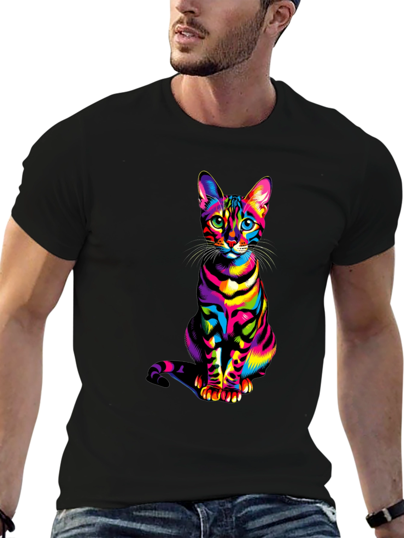 Rainbow Cat Graphic Tee - Vibrant Mens T-Shirt