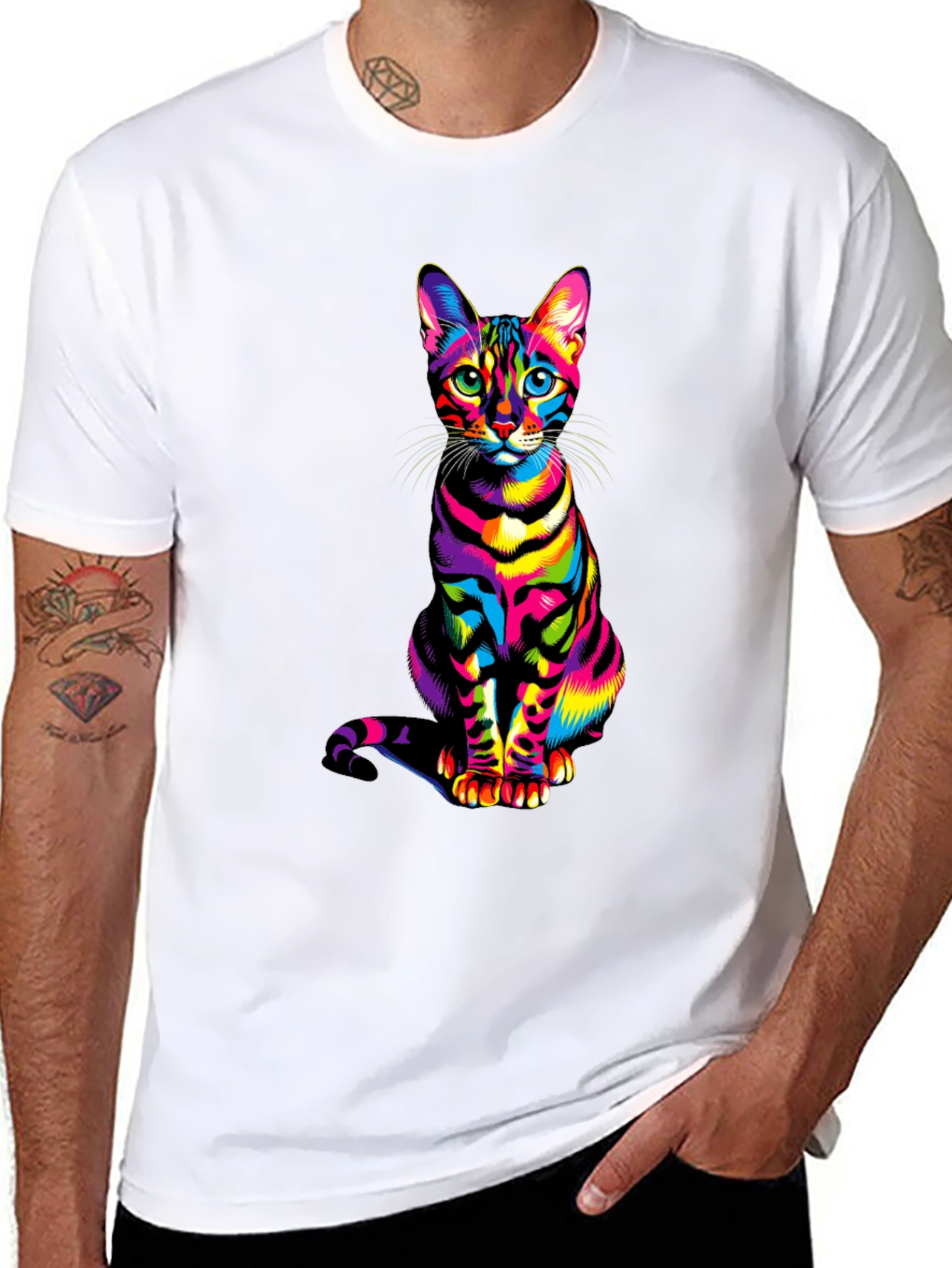 Rainbow Cat Graphic Tee - Vibrant Mens T-Shirt