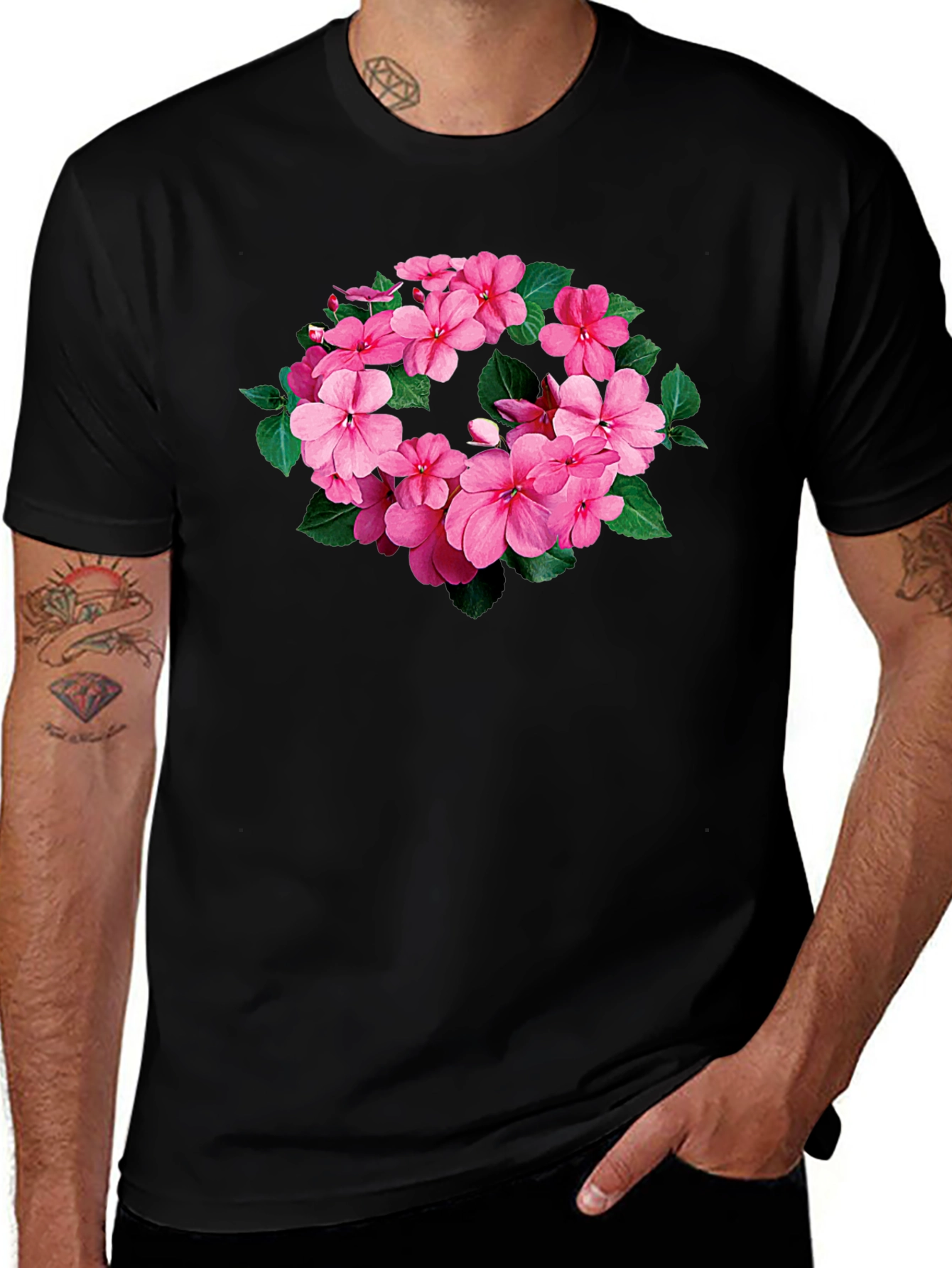 Floral Wreath Tee - Stylish Black T-Shirt
