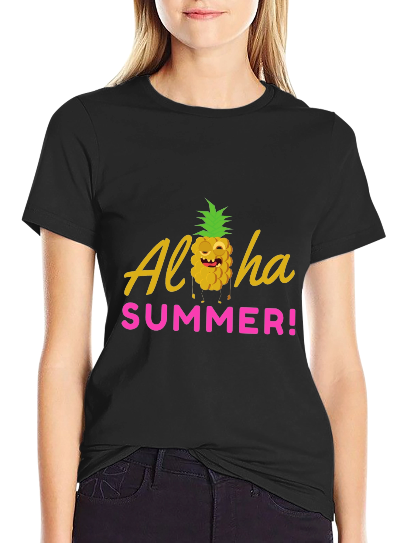 Aloha Summer Graphic T-Shirt - Black Crew Neck Tee