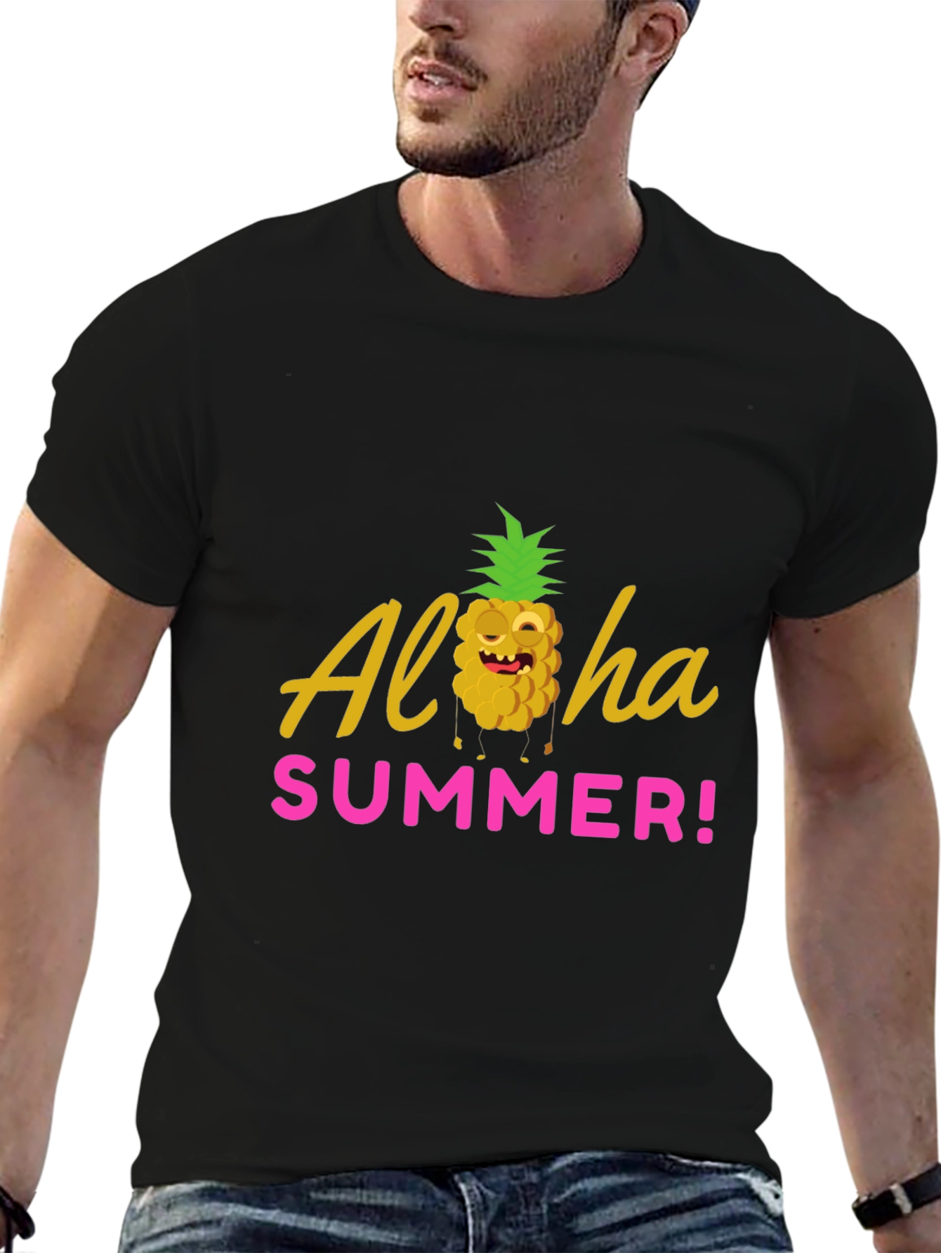 Aloha Summer Graphic T-Shirt - Black Crew Neck Tee