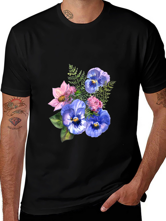 Floral Pansy Graphic Tee - Black Cotton Casual Wear
