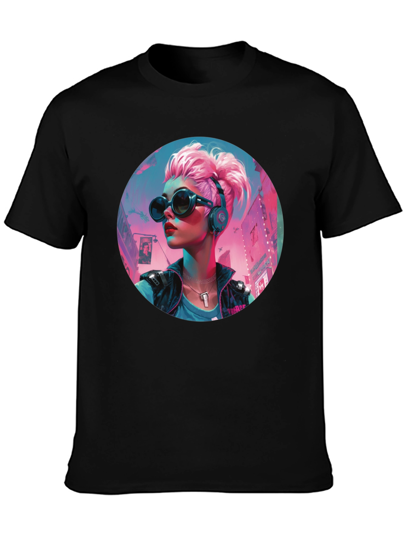 Cyberpunk Girl Graphic Tee - Black Cotton T-Shirt