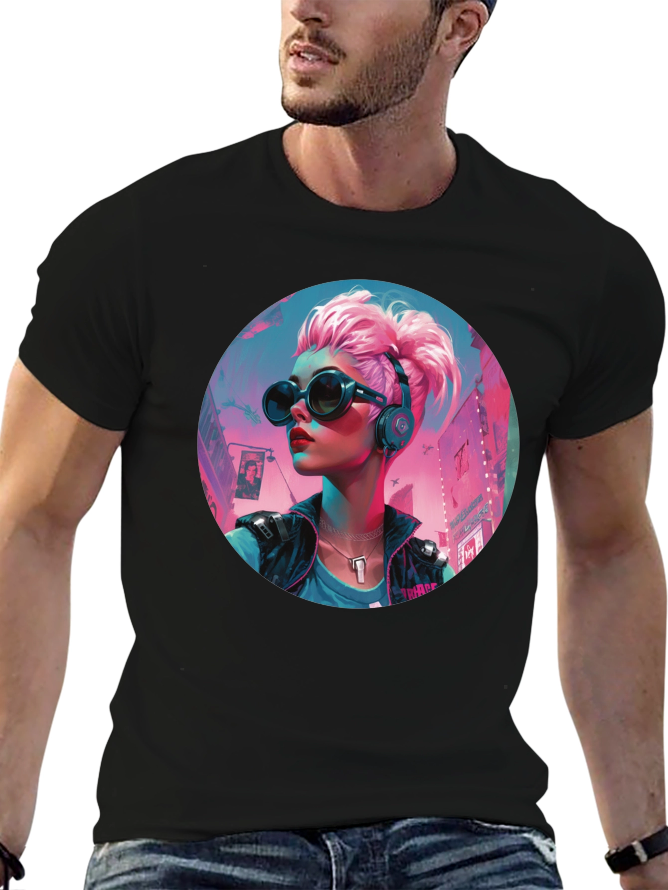 Cyberpunk Girl Graphic Tee - Black Cotton T-Shirt